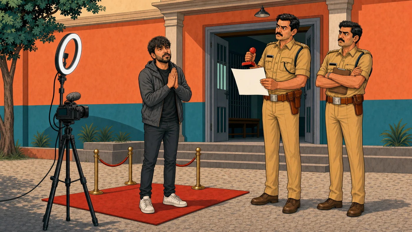Editorial cartoon of Abhijeet Dipke, a proportionally short adult, standing on a red carpet beside a camera and ring light, pleading with clasped hands while two standing police officers, visibly taller, reject his blank arrest request outside a station.