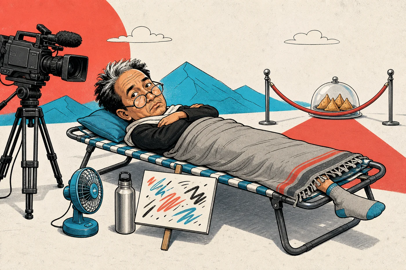 Editorial cartoon of Sonam Wangchuk lying stiffly on a too-short protest cot while a large press camera films him; a covered plate of samosas sits behind a velvet rope.